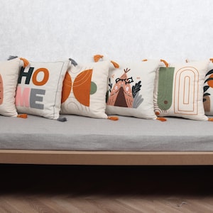 Boho Modern Embroidered Pillow Set – Abstract Rainbow, Home Text & Nature-Inspired Decorative Cushions with Tassels | Cotton Throw Pillows