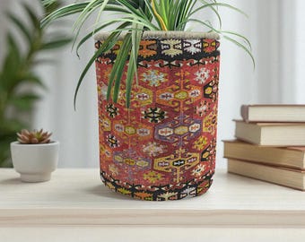 Washable Pot - Printed Orange Tribal Rug Plant Pot – Handmade Boho Style Decorative Flower Planter – Unique Carpet Pattern Home Decor