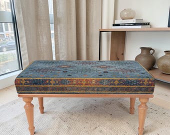 Persıan Style Blue Kilim Bench, With Solid Wood Legs, Vintage Rug Patterned, Bohemian Entryway Sitting Bench, Geometric Stool Bench