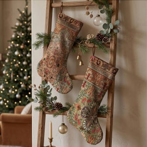 Op de afbeelding: Twee kerstsokken hangen aan een houten ladder, voorzien van ingewikkelde geweven patronen in roest-, saliegroen- en crèmetinten. De sokken zijn versierd met botanische motieven en geometrische randen, geaccentueerd door dennentakken en kerstornamenten.
