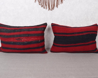 Red Black Striped Kilim Pillow Covers - 16"x24" - Rustic Antique Textile Boho Decor - Bold Decor Accent - Vintage Handmade Covers -