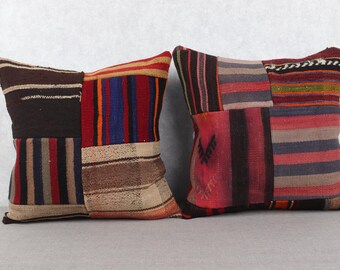 Boho Throw Pillows - Vintage Handmade Rug Cushion Covers 20x20” – Colorful Patchwork Kilim Pillows with Stripes – 50x50 cm