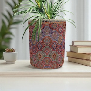 May include: A patterned plant pot in red, purple, and gold, holding a green plant with long leaves. The pot has a geometric design. It sits on a light wooden surface. The pot's design is reminiscent of a rug.