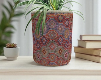 Etnische bloempot voor artistiek interieur - kleurrijke geometrische kelim bedrukte plantenpot – Handgemaakte boho plantenbak met tribale zeshoek