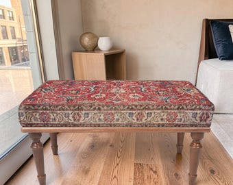 Red Distressed Turkish Patterned Seating, Classic Floral Ottoman Bench, Retro Rug Bench Design For Or Lounge, Nostalgic Ethnic Style Room