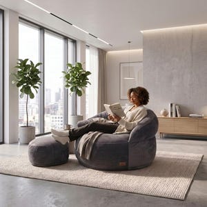 May include: A dark gray corduroy round armchair with a matching circular ottoman. The chair features a deep, cushioned seat and a curved backrest, providing a structured yet soft seating option for a living space, paired with a footrest.