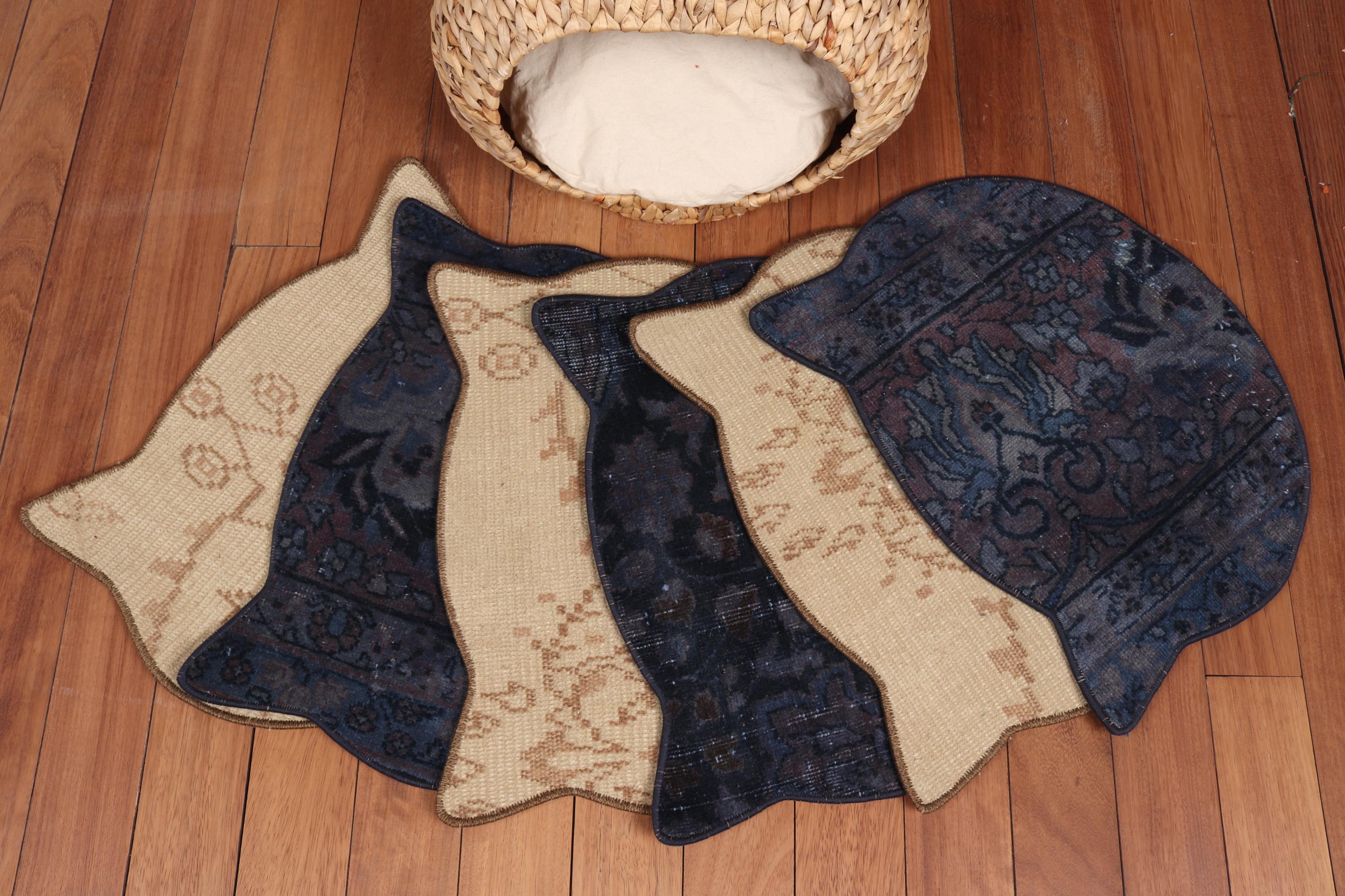 Navy Blue and Beige Cat Shape Rug Set of 6 (40x50 Cm Each), Handmade ...