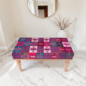 Persian Style Patchwork Rug Bench, Purple And Magenta Square Patterned Ottoman, Custom Interior Styling, Rustic Bedroom Ottoman
