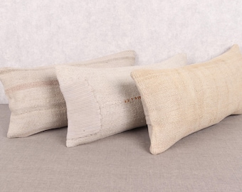 Soft Neutral Kilim Lumbar Pillows -  Vintage Handmade Rug Cushion Covers 10x20” – Cream Beige Wool Pillows – Anatolian Kilim Art