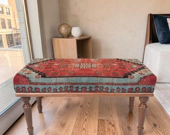 Persian Vintage Bench Red Blue Ottoman Seat, Classic Motif Upholstered Bench, Modern Home Furniture, Traditional Home Decor Accent