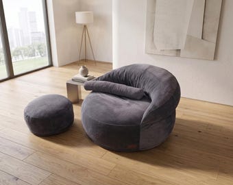 Mysig vardagsrumsfåtölj, modern sits, modern manchesterfåtölj med fotpall, rund accentfåtölj, minimalistisk läsfåtölj,