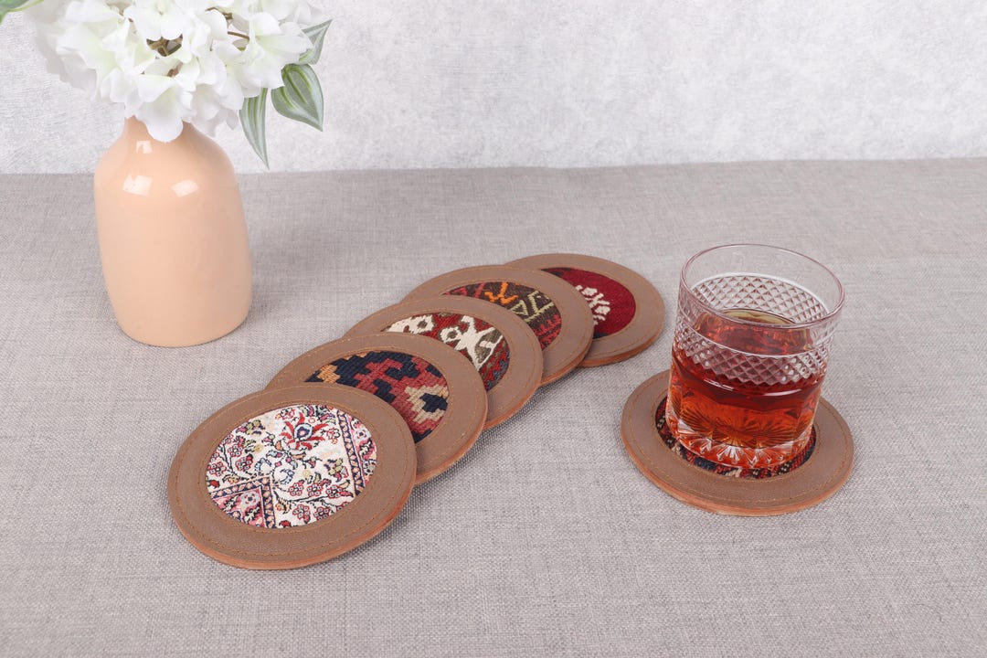 Round Rug Coasters Set of Six, Kitchen Decor, Rug Coaster, Orange Coaster, Rug Coaster ...