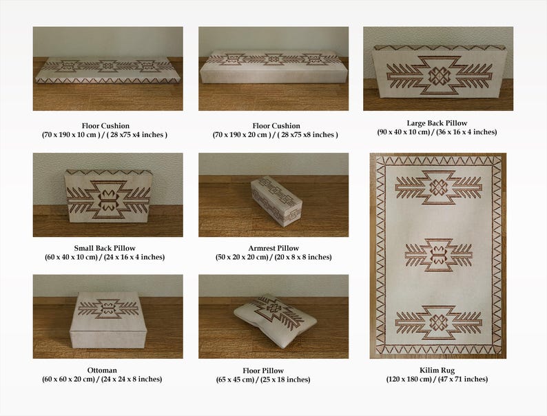 May include: A collection of beige and brown decorative pillows, cushions, an ottoman, and a rug. The items feature a geometric pattern in brown. The floor cushion is 75 inches long, and the rug is 47 x 71 inches.