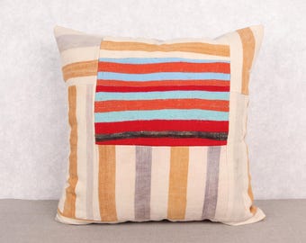 Kilim Pillow, Turkish Pillow, 28x28 Throw Kilim Pillow, Boho Pillow, Orange Cushion Case, Patchwork Pillow, Classic Stripe Design Pillow,
