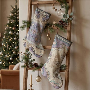 Pastel Floral Christmas Stocking Set, Vintage Botanical Xmas Socks, Ornate Folk Holiday Stockings, Soft Boho Mantel Decor