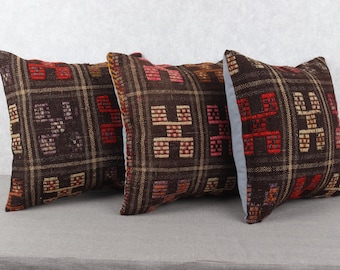 50x50 cm Rustic Boho Decor - Vintage Handmade Rug Cushion Covers 20x20” – Tribal Patterned Kilim Pillows in Brown & Red Tones –