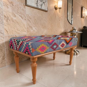 Moroccan Rug Style Ottoman Bench, Grey Kilim With Vibrant Diamond Patterns, Bohemian Entryway Sitting Stool, Large Rectangular Footrest