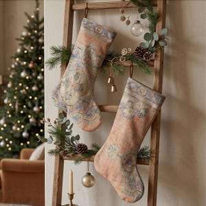 Peach Paisley Christmas Stocking Set, Vintage Medallion Xmas Socks, Ornate Rug Style Holiday Stockings, Soft Boho Mantel Decor