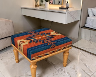 Persian Patterned Kilim Bench, Navy Blue Rug Design, Geometric Aztec Style Ottoman, Sitting Bench With Wood Legs, Bohemian Home Furniture