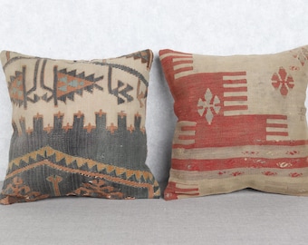 Tribal Rug Pillows with Red & Dark Tones | Vintage Handmade Cushion Covers 18x18 in (45x45 cm) | Boho Kilim Decor from Antique Textiles
