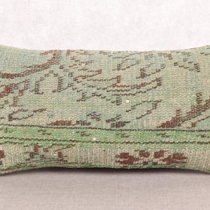 May include: Rectangular decorative pillow with a faded, vintage look. The pillow features a light green background with a detailed pattern in shades of brown and green. The design has a traditional, rug-like aesthetic.