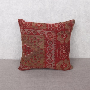 Red Vintage Handmade Rug Cushion Cover 16x16” – Tribal Kilim Wool Pillow, 40x40 cm Rustic Throw Cushion with Turkish Ethnic Motif Design -