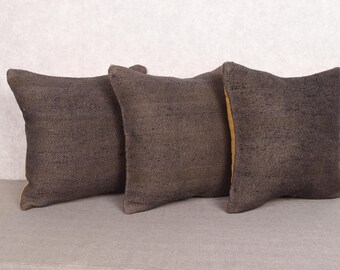 Handmade Wool Cushion Covers From Vintage Rugs 18x18 Inch (45x45 cm) – Dark Brown Decorative Kilim Pillow Covers - Antique Rug Art -