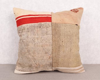 Pillow for Sofa, Gift Pillow, 28x28 Boho Pillow Sham Cover, Kilim Cushion Sham, Beige Cushion, Patchwork Pillow, Rustic Striped Pillow,