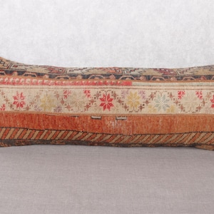 Antiker Wollteppich Kissenbezug, Vintage Handgemachter Teppich Kissenbezug 40 x 107 cm | Langes türkisches Lendenkissen in rotem und orangefarbenem Blumenmuster |