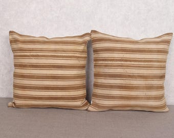 Brown Striped Handmade Cushion Cover 20x20” – Vintage Kilim Pillow from Antique Rugs – 50x50 cm Rustic Boho Square Wool Throw Pillow