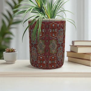May include: A cylindrical plant pot with a red, patterned exterior resembling a rug. The pot contains a green plant with long, slender leaves. The pot sits on a light-coloured wooden surface, with a small white pot and books in the background.