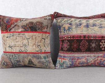 Vintage Handmade Rug Cushion Covers 20x20” – Patchwork Tribal Kilim Pillows in Multicolor Earth Tones – 50x50 cm Rustic Decor -
