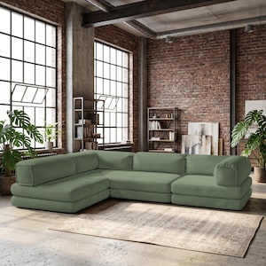 Green Modular Sofa, L Shaped Corner Couch, Low Profile Sectional, Wide Seat Living Room Furniture, Modern Loft Seating