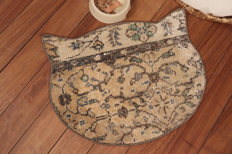 Beige and Green Cat Shape Rug Set 40x50 Cm, Handmade Vintage Turkish ...