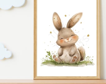 Impresión de arte de pared de conejito bebé, decoración de pared de conejito lindo, arte de pared de guardería, decoración de habitación infantil, Pascua, estampado de animales, caprichoso