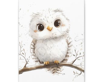 May include: A white owl with large, dark eyes sits on a branch with brown twigs. The owl has a small, yellow beak and gray and white striped feathers.