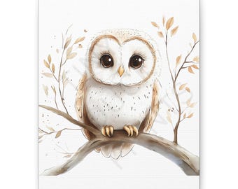 May include: A watercolor painting of a white owl with brown markings perched on a branch with brown leaves. The owl has large, round eyes and a cute expression.