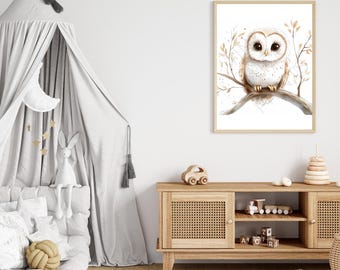 Sztuka ścienna Baby Barn Owl - uroczy wystrój domu, fantazyjny, sztuka ścienna do pokoju dziecięcego, prezent dla miłośników zwierząt, dekoracja pokoju dziecięcego, inspirowana naturą
