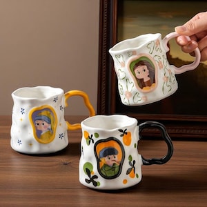 Taza de cerámica hecha a mano con la Mona Lisa, Van Gogh y la Joven con Perla, estilo retro, para café, té y leche, regalo para amantes del arte.