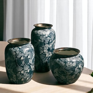Retro Blue & White Ceramic Vase with Gold Rim – Handcrafted Floral Decor for Living Room, Tabletop, or Pampas Display