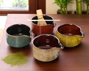 Japanese Matcha Bowl Set with Spout Handmade Ceramic Tea Set for Green Tea Gift or Daily Use