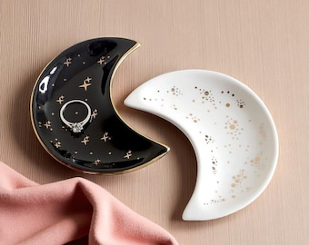 Moon Shaped Ceramic Jewelry Dish Set Celestial Ring Holder Tray for Earrings Trinkets Dessert Decor Minimalist Gift