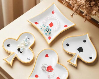 Playing Card Suit Ceramic Bowls Set - Heart, Spade, Club, Diamond Shaped Dish - Unique Game Night Snack or Jewelry Tray Gift Idea