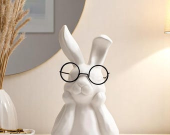Ceramic Rabbit Decor with Glasses – Minimalist Animal Figurines, Modern Bunny Sculptures for Desk, Bookshelf, Home or Office Decor