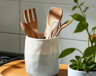 Handmade Ceramic Utensil Holder – Light Blue and White Dual-Tone Vase or Kitchen Organizer for Spoons, Forks, Knives, and More