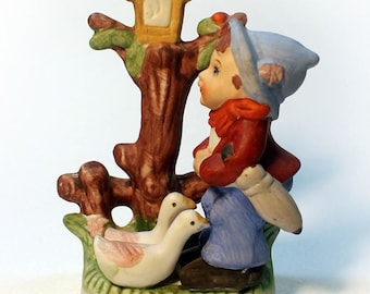 Ceramic Boy with Ducks Figurine, Goebelesque Children's Knick Knack, Country Cottage Decor