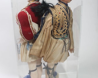 Vintage Collectible Art Dolls, Two Greek Male Folk Art Dolls with Display Case