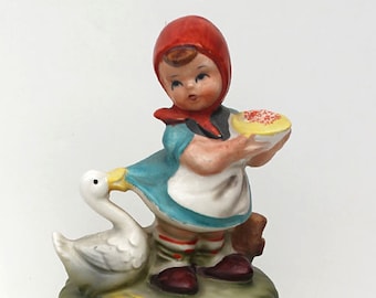 Vintage Cottage Decor, Ceramic Girl with Goose Music Box
