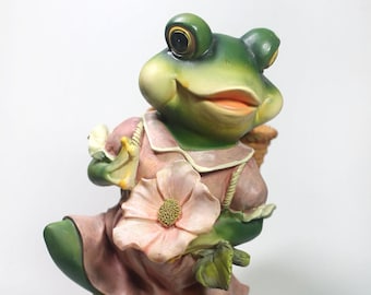 Vintage Frog Planter, Lady Frog with Flowers Sitting on a Toadstool, Vintage Collectible Frog Figurine