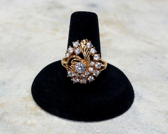 Vintage CZ Cluster Cocktail Ring: Gold Plated, Size 9 1/4